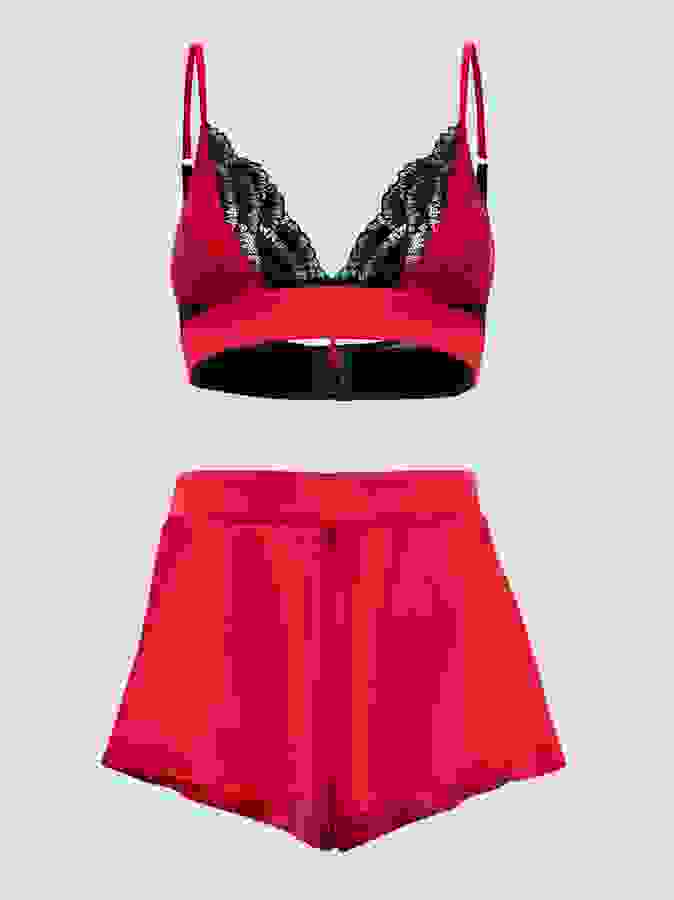 Lovehoney Empress Red Satin Bra and Shorts Set, Red, hi-res